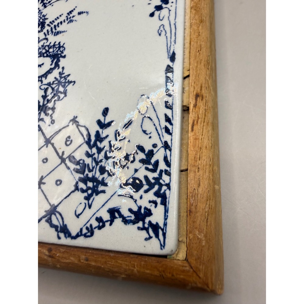 Vintage Bjorn Wiinblad Ceramic Trivet Blue White Danish Modern Wood Frame 6x6 - Picture 4 of 16